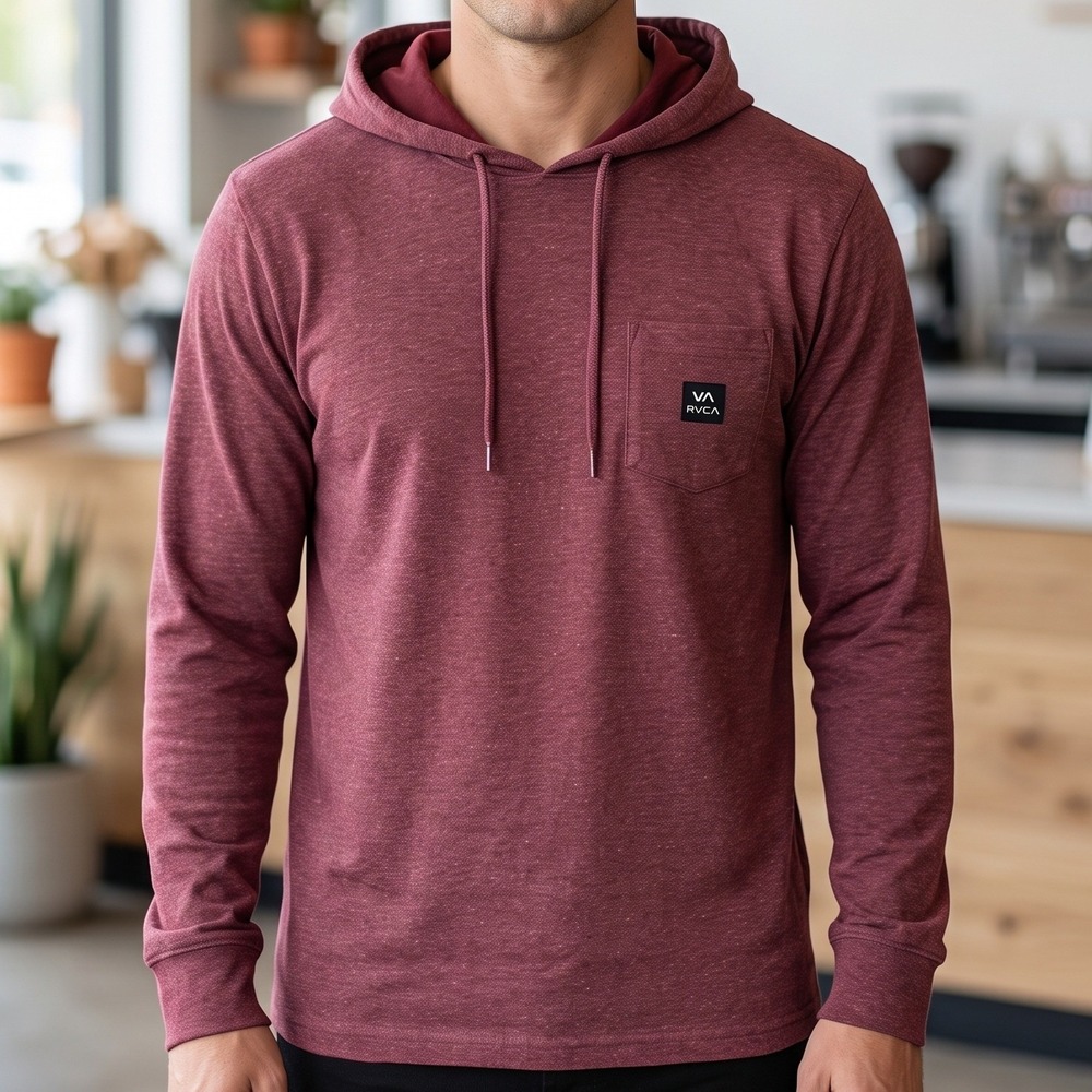 RVCA Mens Heathered Burgundy Long Sleeve Hooded T-Shirt Pocket Tee Regular Fit